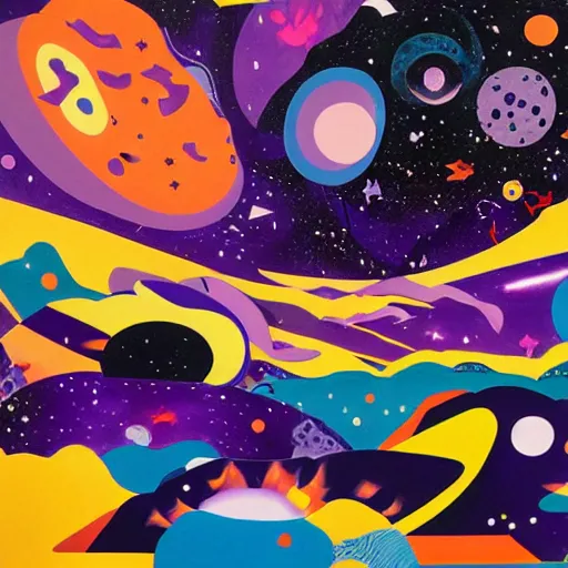 Prompt: Liminal space in outer space by Tomokazu Matsuyama, warm earthly tones, orange green and purple are predomiant