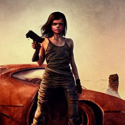 Image similar to dafne keen, mad max, cinematic shot, 8 k, art by artgerm and greg rutkowski and alphonse mucha