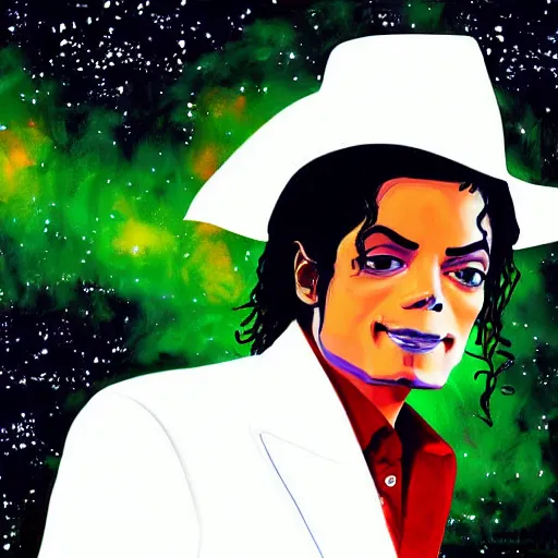 Image similar to digital painting of Michael Jackson in a cosmic scenery my Ralph Steadman, hyper detailed, white suit and hat