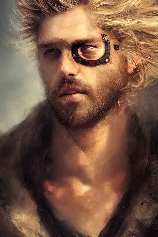 Image similar to blonde wild hair man with a little beard, one black eye - patch, close - up portrait, powerfull, intricate, elegant, volumetric lighting, scenery, digital painting, highly detailed, artstation, sharp focus, illustration, concept art, ruan jia, steve mccurry