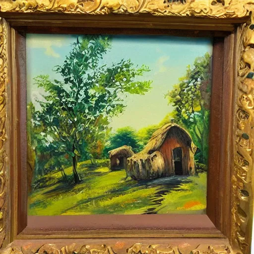 Image similar to treehouse in the countryside on a sunny day, peaceful, brush strokes, oil painting