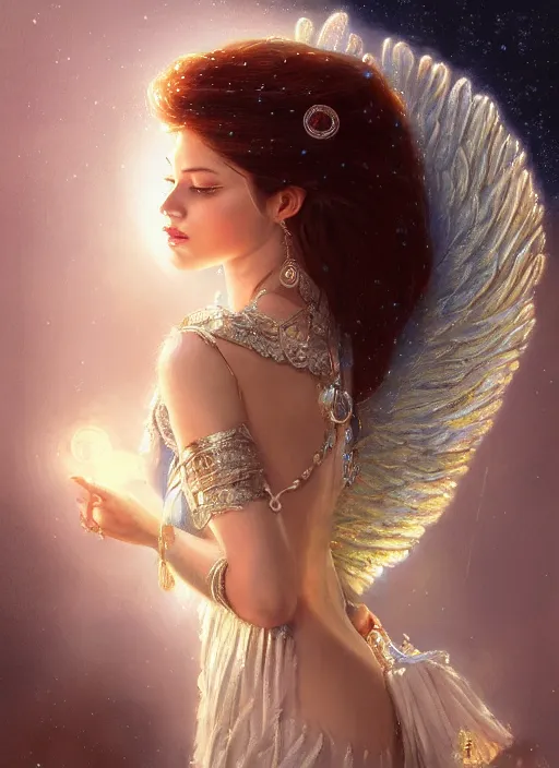 Image similar to A beautiful digital painting of a female angel full of jewels, princess, the moon behind her, intricate, cinematic lighting, highly detailed, digital painting, Artstation, concept art, smooth, sharp focus, illustration, art by Tom Bagshaw, Artgerm and Greg Rutkowski