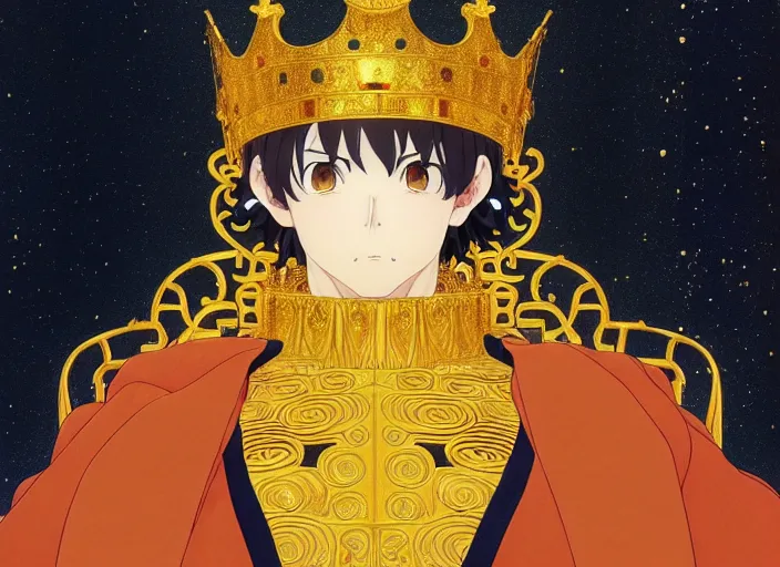 Prompt: key anime visual portrait of a king's throne, king, servants, dynamic pose, cinematic, film grain, designed by yoh yoshinari and kuvshinov, detailed, intricate, at night, dramatic lighting, interior by gustav klimt