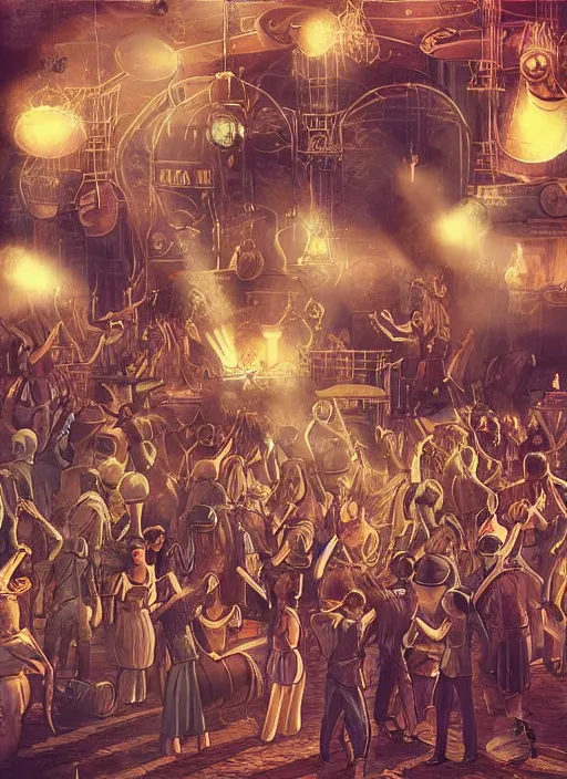 Image similar to “Close-up of party with lots of people dancing happily with bottles in their hands in steampunk styled disco. Spotlights and smoke. Artstation. Dark, highly detailed. In style of Mike Savad.”