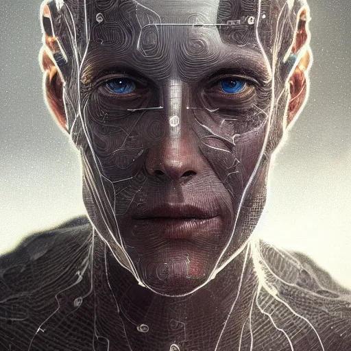 Image similar to centered front face portrait art illustration of an ultradetailed evil metaverse cyborg made of neuronal networks, by greg rutkowski and Zdzisław Beksiński, photorealistic, 8k, intricate, futuristic, dramatic light, trending on cg society