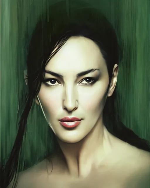 Prompt: majestic, gracious, pragmatic, charismatic character monica bellucci as persephone from the matrix, face centered portrait, confident, high society building, elite, sterile minimalistic room, classic architecture, fog, volumetric lighting, illustration, perfectly shaded, greenish tinge, cold lights soft painting, art by krenz cushart and wenjun lin