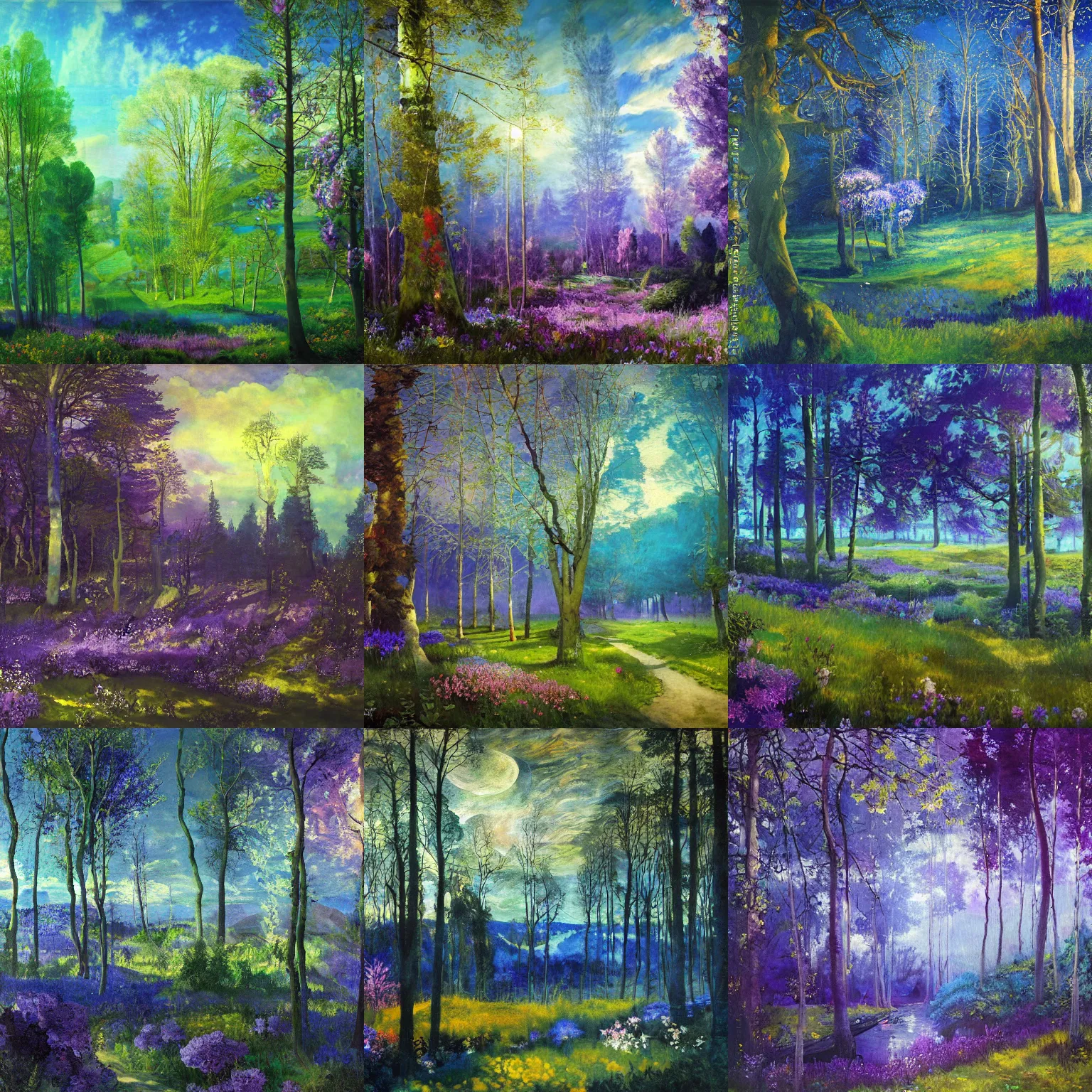 Prompt: painterly dreamy background with trees, flowers and mihnight sky, deep blue, violet and emerald-green colors by Mikhail Vrubel, dark fantasy, witcher 3, oil painting, masterpiece