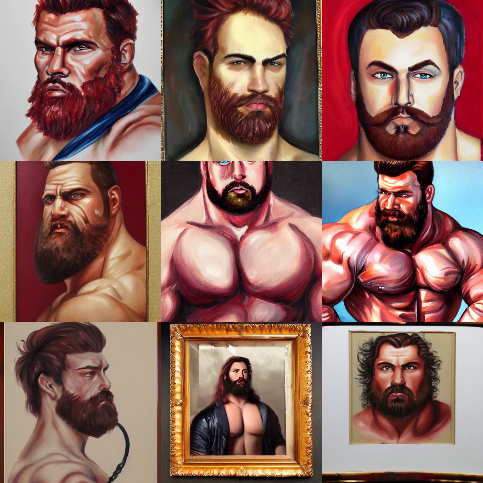 Prompt: painted portrait of a burly muscular man with dark red curled hair, very detailed, smooth, clean, polished, epic