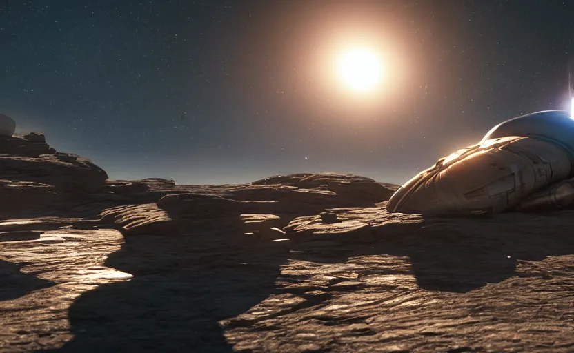 Prompt: photorealistic spaceship wreck on a remote planets surface. lens flare. light fixtures. 8K. detailed. photorealism. artstation. 25mm f/1.7 ASPH Lens. ultra realistic