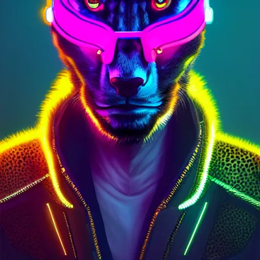 Image similar to a beautiful commission portrait of a male anthro cheetah wearing a neon jacket,futuristic,detailed face,mohawk,cyberpunk city,deviantart,artstation,art by greg rutkowski,ross tran,professional lighting,neon city,night,raytracing,highly realistic,4k,dramatic,hyperrealism