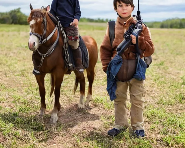 Prompt: girly! boy with dark - brown hair, the boy is on horse, the boy is holding backpack and gun, realistic photo