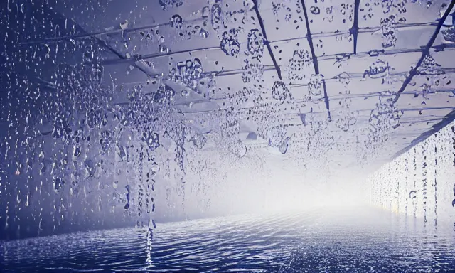 Prompt: beautiful picture of a vertical tunnel of big upside-down raindrops floating quietly in a sunny blue sky, highly-detailed, fantastic, dramatic lighting, artstation, 4k