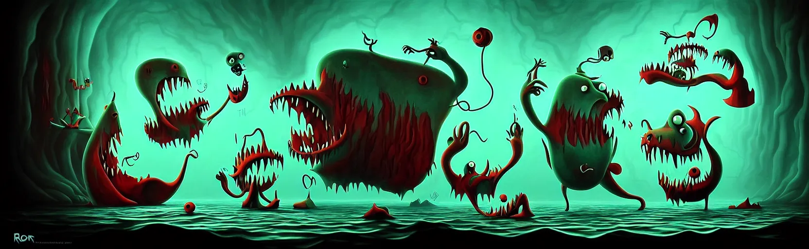 Prompt: whimsical monsters from the dark uncanny depths of unconscious, dramatic lighting, classic fleischer cartoon characters, surreal painting by ronny khalil