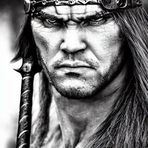 Image similar to hyper realistic photo of cimmerian conan barbarian portrait, cinematic