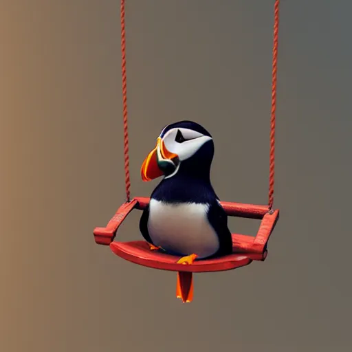 Image similar to puffin in a swing, concept art, cgsociety, octane render, trending on artstation, artstationHD, artstationHQ, unreal engine, 4k, 8k --height 768