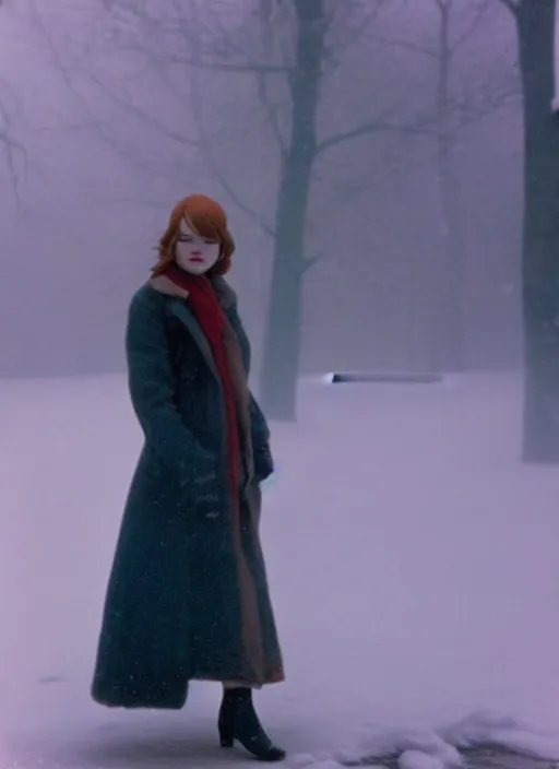 Image similar to emma stone getting out of taxi in winter, faded color film, russian cinema, tarkovsky, kodachrome, old clothing, heavy fog, 4 k, dramatic lighting, greg rutkowski