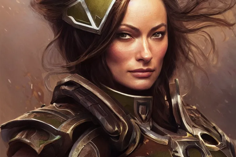 Image similar to a professional painting of Olivia Wilde clothed in military armor, olive skin, long dark hair, beautiful bone structure, symmetrical facial features, intricate, elegant, digital painting, concept art, smooth, sharp focus, illustration, from WarCraft by Ruan Jia and Mandy Jurgens and Artgerm and William-Adolphe Bouguerea