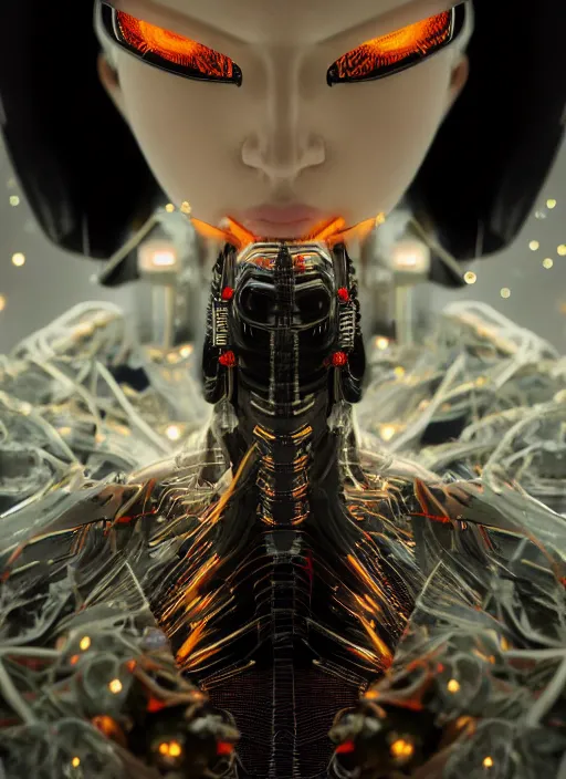 Image similar to close up portrait of a futuristic geisha cyborg walking in a digital storm with lens flairs, in the style of ghost in the shell, kintsugi, modern fine art, fractal, intricate, elegant, highly detailed, digital photography, subsurface scattering, by gigee and greg rutkowski,