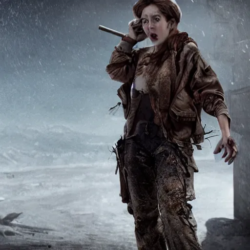 Image similar to movie still of a sad female postapocalyptic jester