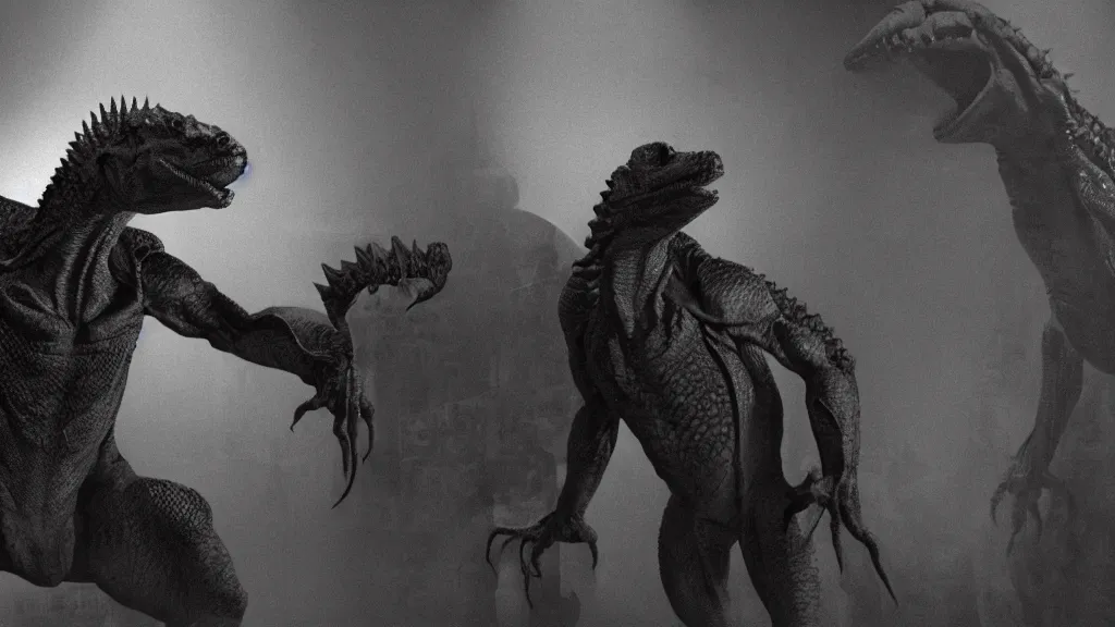 Image similar to a man and a draconian humanoid, reptoids, archons, saurians, draconians, reptile, reptilian, draconian, movie still, cinematic composition, cinematic light, criterion collection, reimagined by industrial light and magic, Movie by Andrzej Żuławski and David Lynch