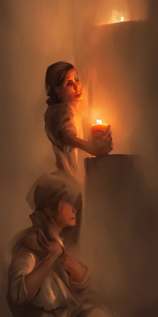 Prompt: Lupe Fuentesl close to a candle in dark room, prison, dramatic light, highly detailed, digital painting, artstation, concept art