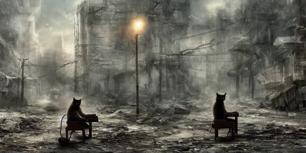 Prompt: cat playing piano in a post apocalyptic world, cinematic and very detailed, 8k hdr