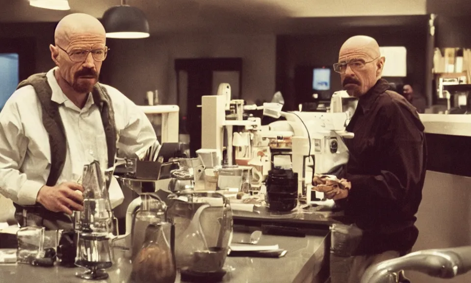 Image similar to 3 5 mm film still, walter white having a coffee break in space