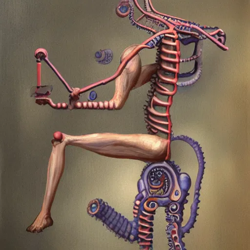 Image similar to painting of a lovecraftian human - machine hybrid