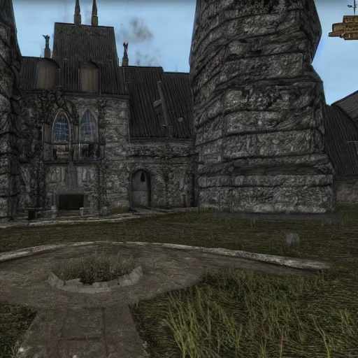 Image similar to berghain in the middle of whiterun, 3 dgc, wide shot, skyrim, oblivion, pc game, gameplay screenshot