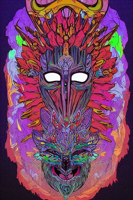 Image similar to animal mask totem roots flower tribal feather gemstone plant wood rock shaman vodoo video game vector cutout illustration vivid multicolor borderlands comics by josan gonzales and dan mumford radiating a glowing aura