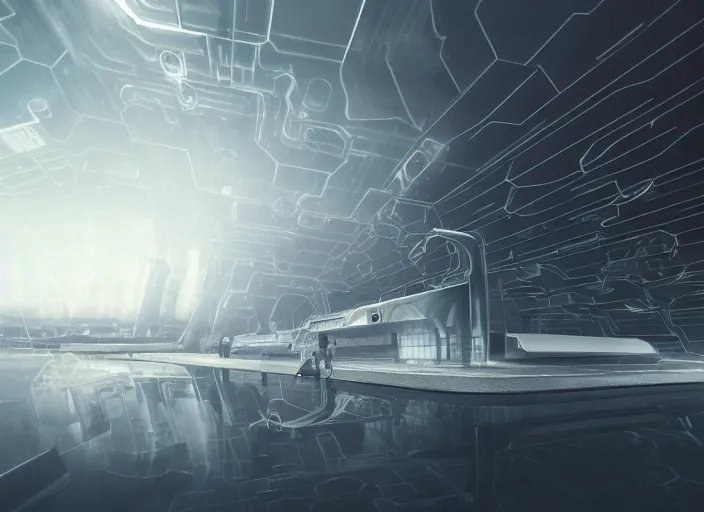 Image similar to cult of technology, exterior, scifi, temple, machines, robots, ultra realistic, transparent labs, metallic surface, highly detailed, white, futuristic landscape, city, utopian architecture, atmosphere, masterpiece, portals, epic lighting, glowing wires, mysterious, 4 k, cinematic, art by patryk olkiewicz and chris ostrowski and liang yao