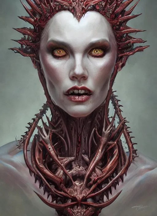 Image similar to a hyper detailed full face portrait of human transforming into the queen of blades, diablo 4 lilith, sideshow figurines, by dorian cleavenger, greg rutkowski, wlop, astri lohne, zdzisław beksinski trending on artstatio