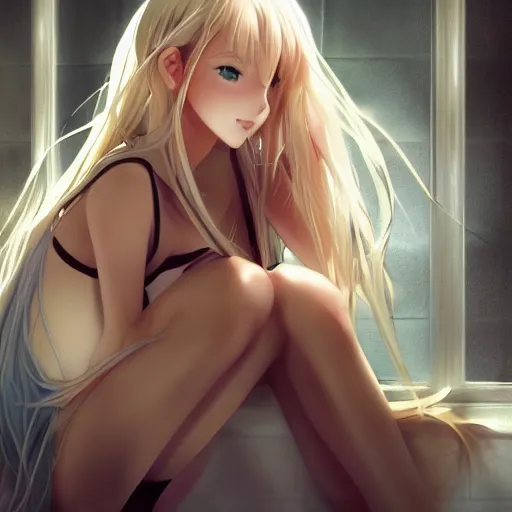 Image similar to a very beautiful young anime girl with 2 0 meters long blond hair, full body, long wavy 2 0 meters long blond hair, sky blue eyes, full round face,, bikini, miniskirt, front shot, sitting in a dark prison cell, highly detailed, cinematic wallpaper by stanley artgerm lau