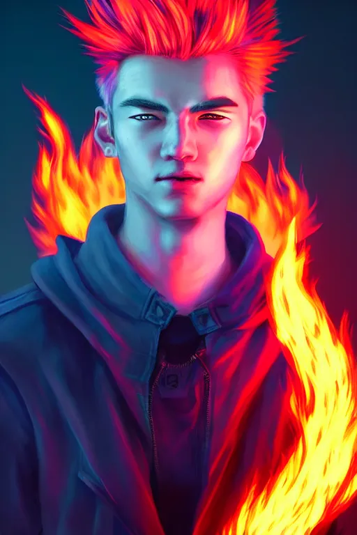 Image similar to character art by liam wong, young man, blonde hair, on fire, fire powers