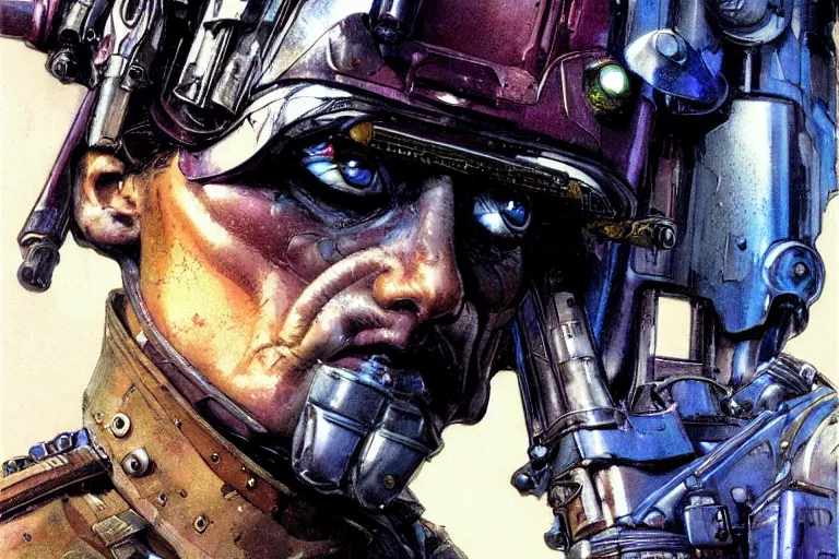 Image similar to closeup portrait stunning full - color art nouveau action shot of a bullet approaching a head, extremely detailed facial structure, dieselpunk armor, linework, by bill sienkiewicz, travis charest and michael golden, dark sci - fi, deep complexity, superhero character concept art, photorealism, stunning framing, dim volumetric lighting, hyperrealism, 8 k