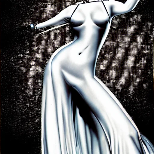 Image similar to supermodel jennifer lawrence as the bride of frankenstein, hajime sorayama, relistic, fashion pohotography