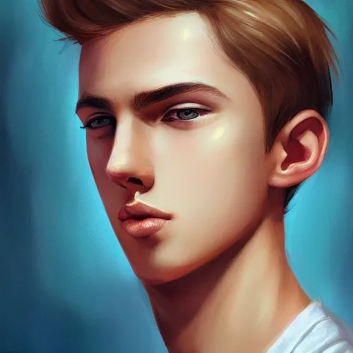 Image similar to colorful Captivating teenage boy with brown blond short quiff hair and thin slightly round facial structure with cleft chin, bumpy nose, good definition of cheekbones, Alert brown eyes, narrow face, slim body, atmospheric lighting, painted, intricate, 4k, highly detailed by Charlie Bowater