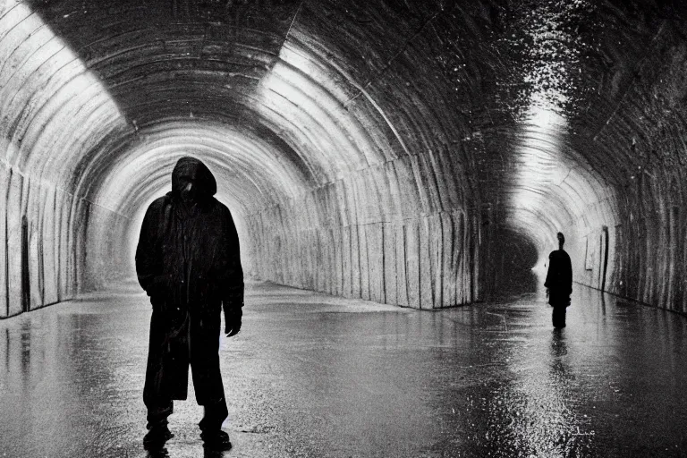 Image similar to a cinematic headshot photograph of a beautiful homeless war veteran, stood in a tunnel, rain, film still, cinematic, dramatic lighting, by bill henson and annie leibovitz