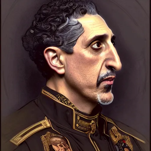 Image similar to full portrait of john turturro as colonel wednesday bologna, fantasy, d & d, intricate, detailed, by by alphonse mucha, adolfo hohenstein, alice russell glenny, stanley artgerm lau, greg rutkowski, detailed, trending on artstation, trending on artstation, smooth