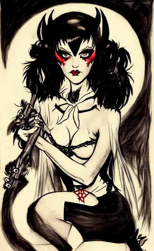 Prompt: of a witch girl burlesque psychobilly punk, detailed face, black hair, white background, drawing, illustration by frank frazetta