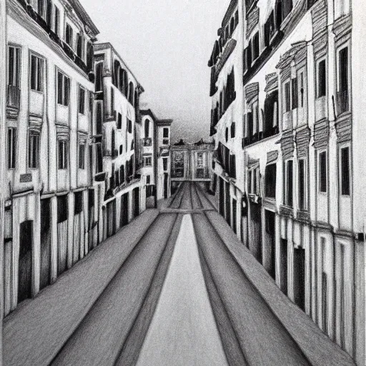 Image similar to ultrarealistic pencil drawing by Isabel Quintanilla, of a quiet street in Madrid, 1984