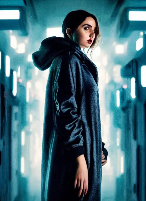 Prompt: A hyper realistic and detailed head portrait photography of Ana De Armas of Blade Runner 2048 in an iridescent hoodie on a futuristic street. by Annie Leibovitz. Neo noir style. Cinematic. neon lights glow in the background. Cinestill 800T film. Lens flare. Helios 44m