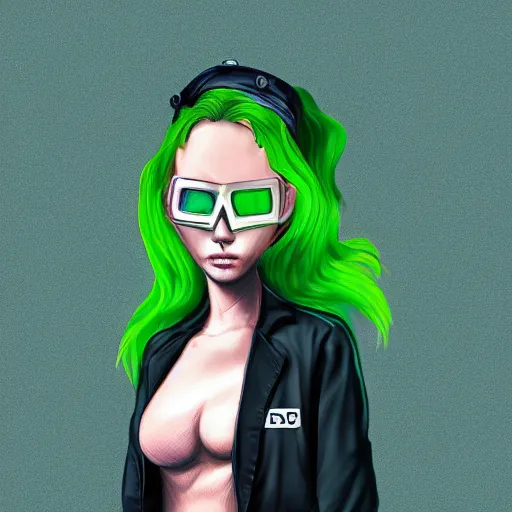 Image similar to a beautiful cyclops girl with green hair wearing a labcoat, digital art