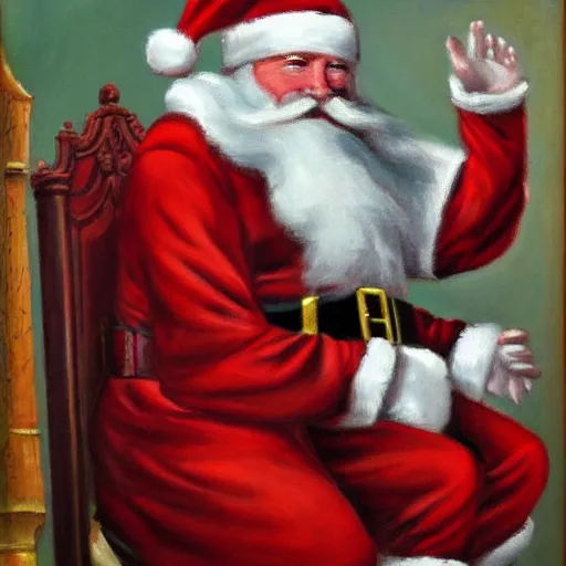 Prompt: Santa Claus sitting on his throne at the North pole, oil canvas