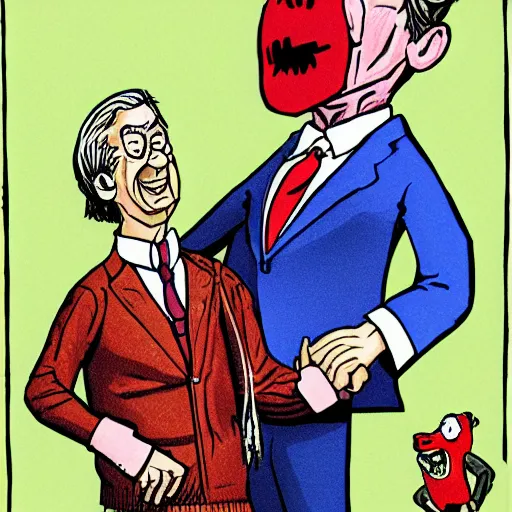 Image similar to mr. rogers being physically overpowered by an evil puppet, detailed horror illustration