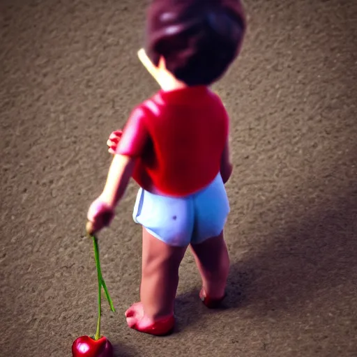 Image similar to close - up of a tiny!!! boy standing on a plate!!! and carrying a ( beachball - sized ) cherry in his arms, ultra realistic, highly detailed, sharp focus, cinematic lighting, mood lighting, realistic, vivid colors, photorealistic, artstation