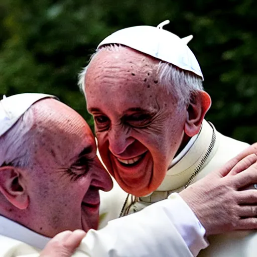 Prompt: Pope Francis hugging a fleshy Lovecraftian creature