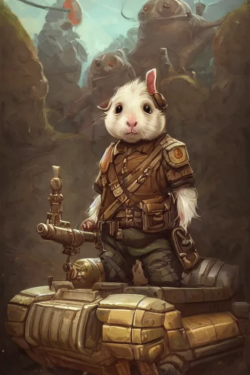 Image similar to cute little anthropomorphic Guinea Pig Tank driver next to its tank, tiny, small, short, Tank driver outfit, cute and adorable, pretty, beautiful, DnD character art portrait, matte fantasy painting, DeviantArt Artstation, by Jason Felix by Steve Argyle by Tyler Jacobson by Peter Mohrbacher, cinematic lighting