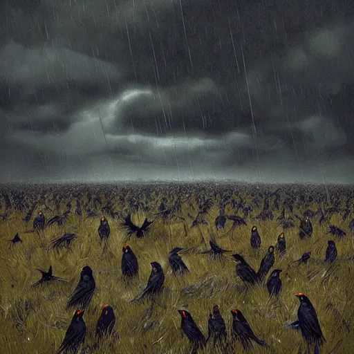 Prompt: A field full of crows, thousands of crows, stormy weather, dark sky, art by greg rutkowski, trending on artstation.