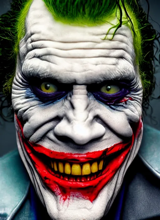 Prompt: photo of Willem Dafoe as the Joker by David Lachappelle, big smile, head shot, detailed, award winning, Sony a7R